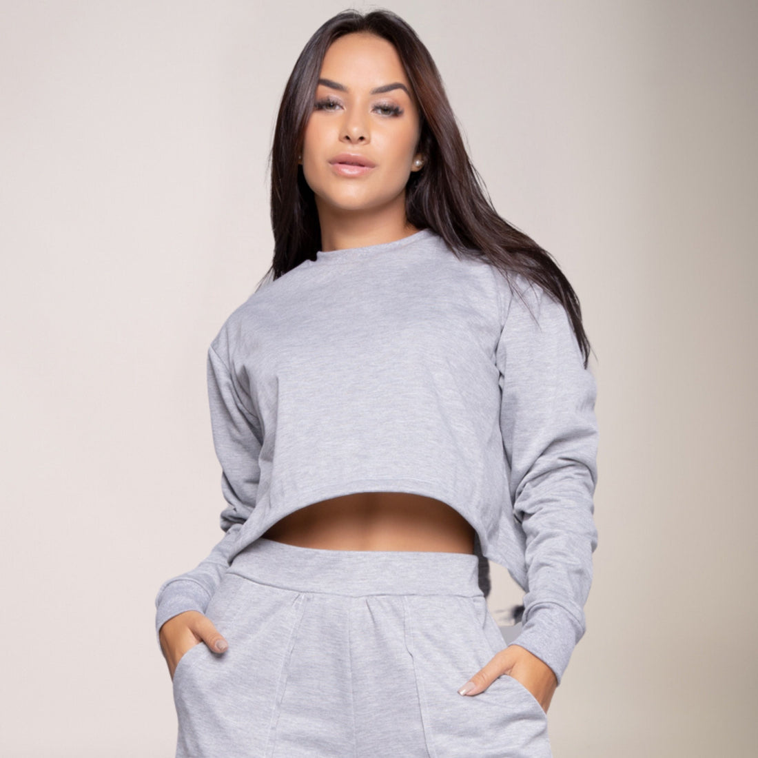 Cropped Moletinho Manga Longa Basic Cinza - VEKYO