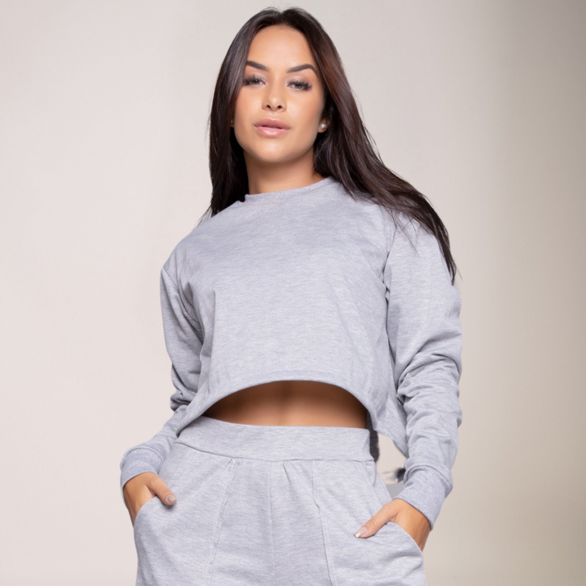 Cropped Moletinho Manga Longa Basic Cinza - VEKYO