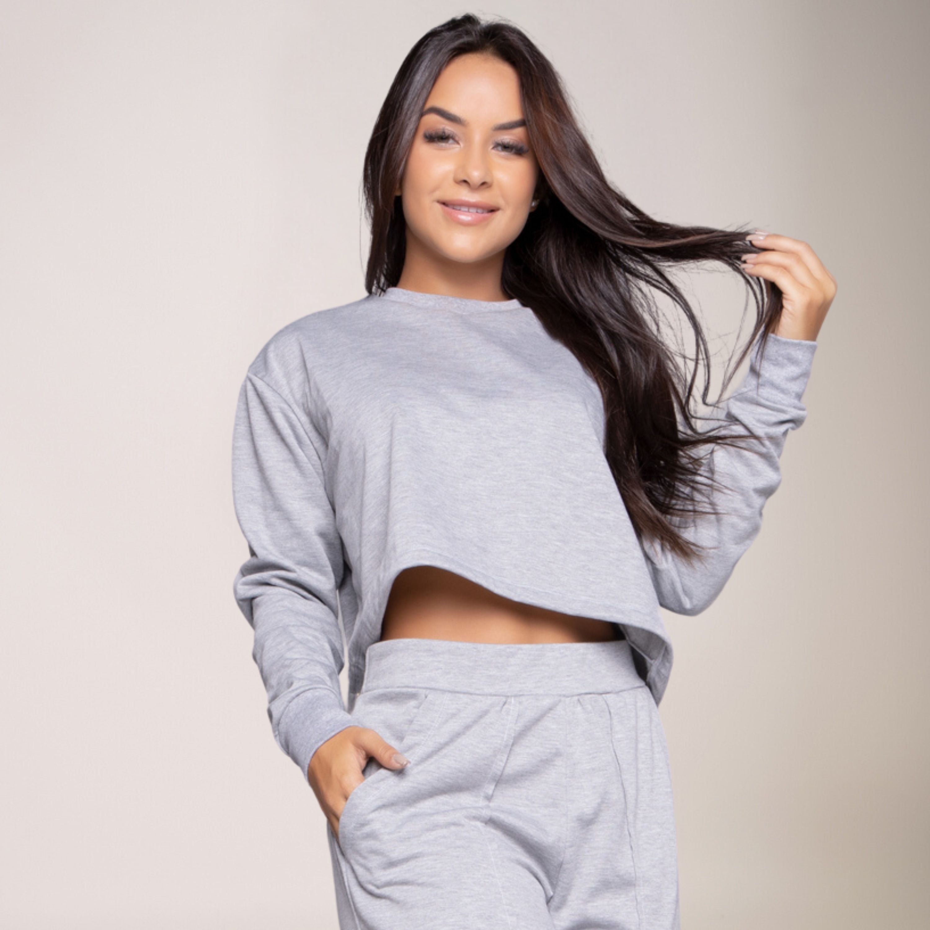 Cropped Moletinho Manga Longa Basic Cinza - VEKYO
