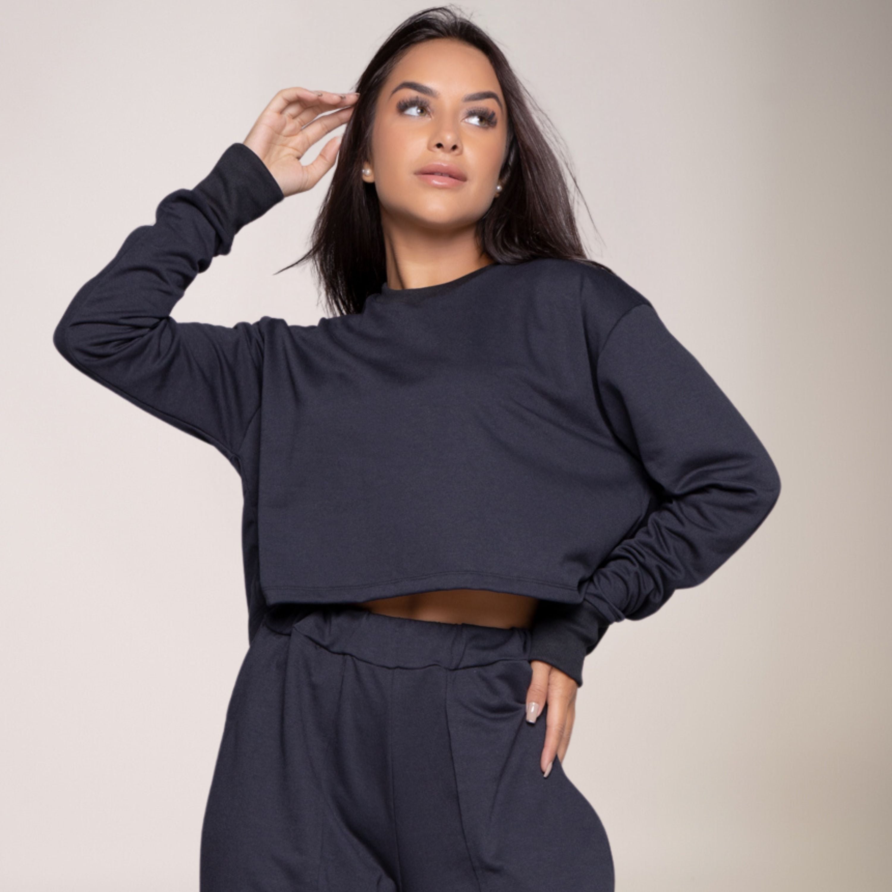 Cropped Moletinho Manga Longa Basic Preto - VEKYO