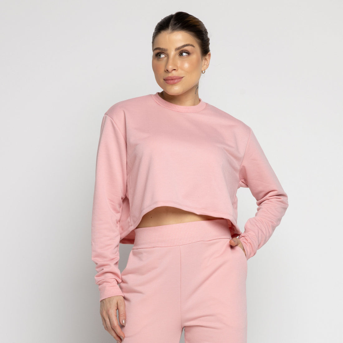 Cropped Moletinho Manga Longa Basic Rosa - VEKYO