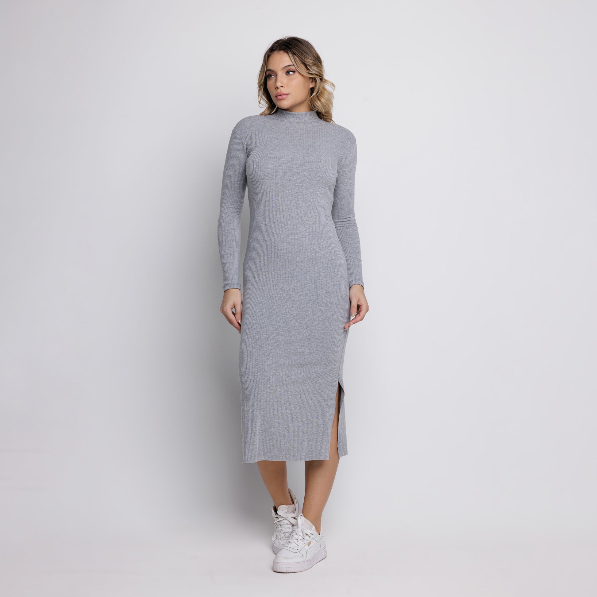 Vestido Midi Canelado Gola Alta Manga Longa Cinza - VEKYO