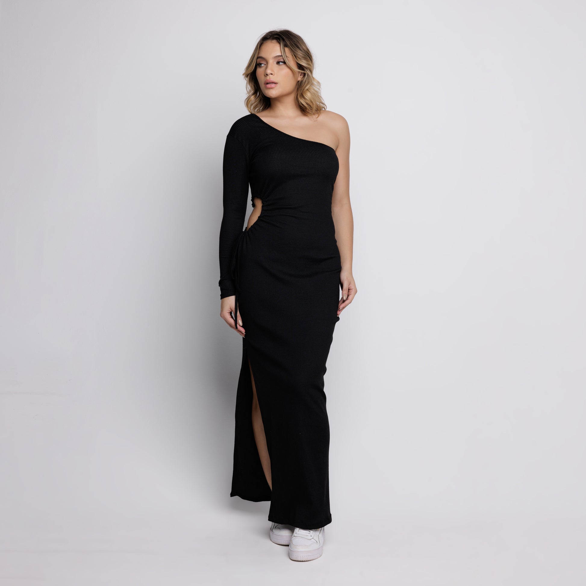 Vestido Ombro Só Canelado Com Fenda Preto - VEKYO
