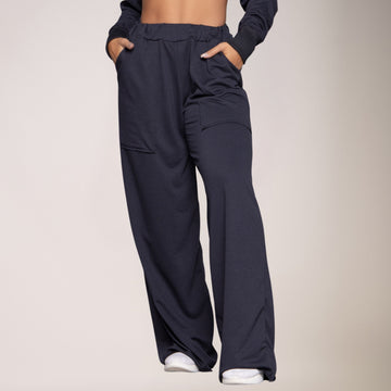 Calça Wide Leg Pantalona Cintura Alta Bolso Moletinho Preto