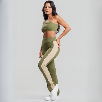 Conjunto Top Ombro Só e Calça Flare Bicolor Canelada Verde - VEKYO