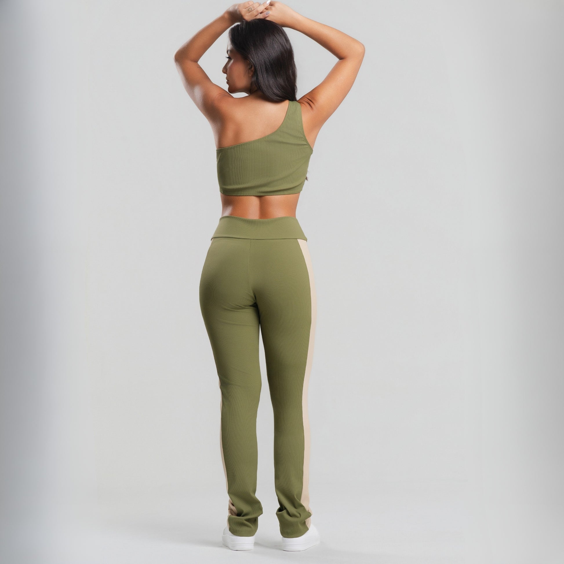 Conjunto Top Ombro Só e Calça Flare Bicolor Canelada Verde - VEKYO
