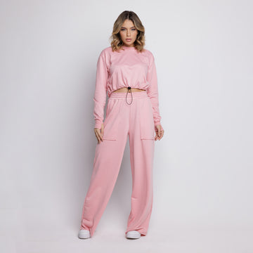 Calça Wide Leg Pantalona Cintura Alta Bolso Moletinho Rosa - VEKYO