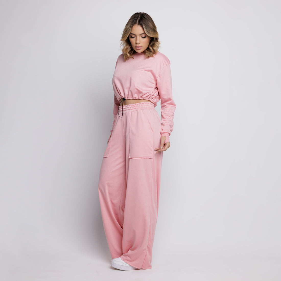 Calça Wide Leg Pantalona Cintura Alta Bolso Moletinho Rosa - VEKYO
