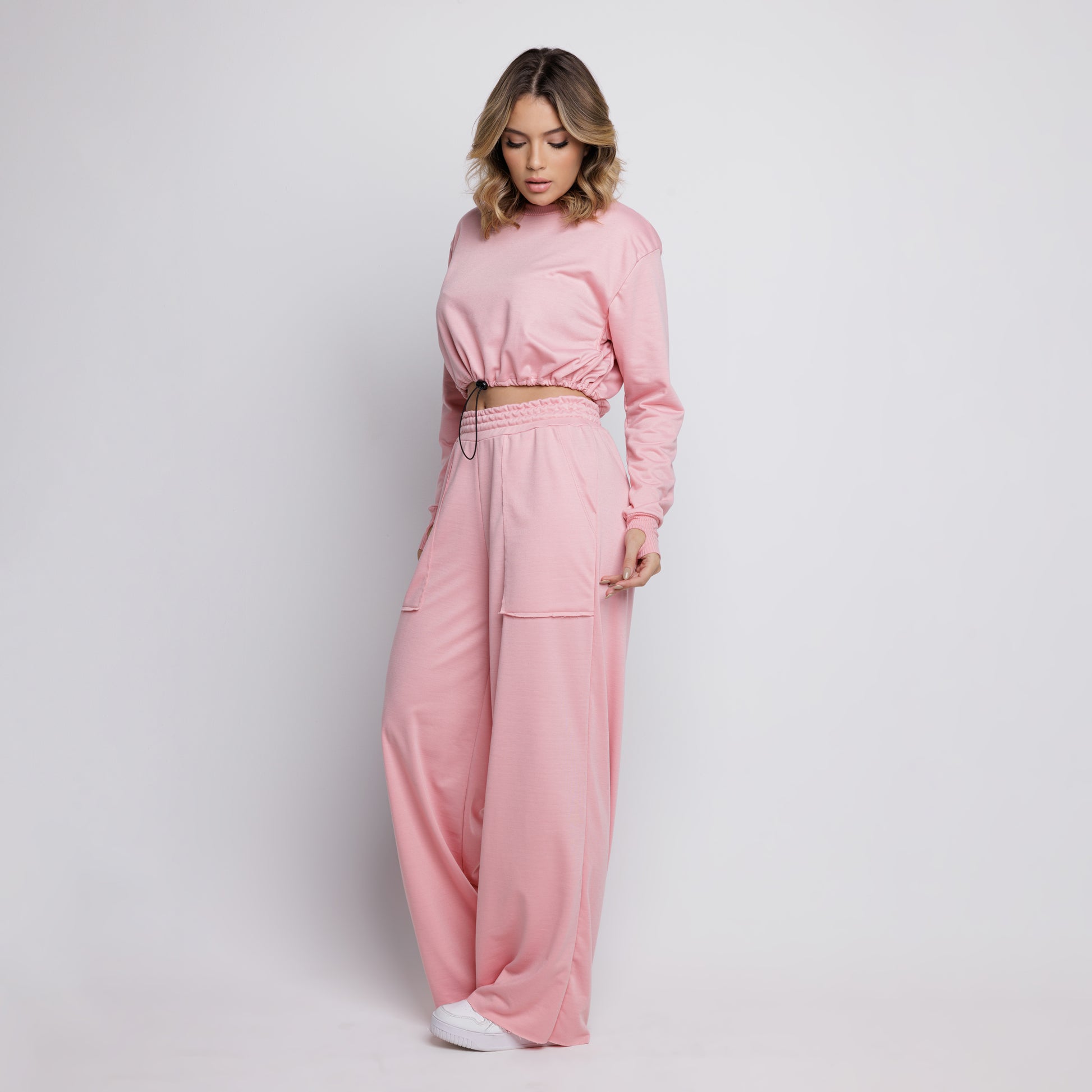 Calça Wide Leg Pantalona Cintura Alta Bolso Moletinho Rosa - VEKYO