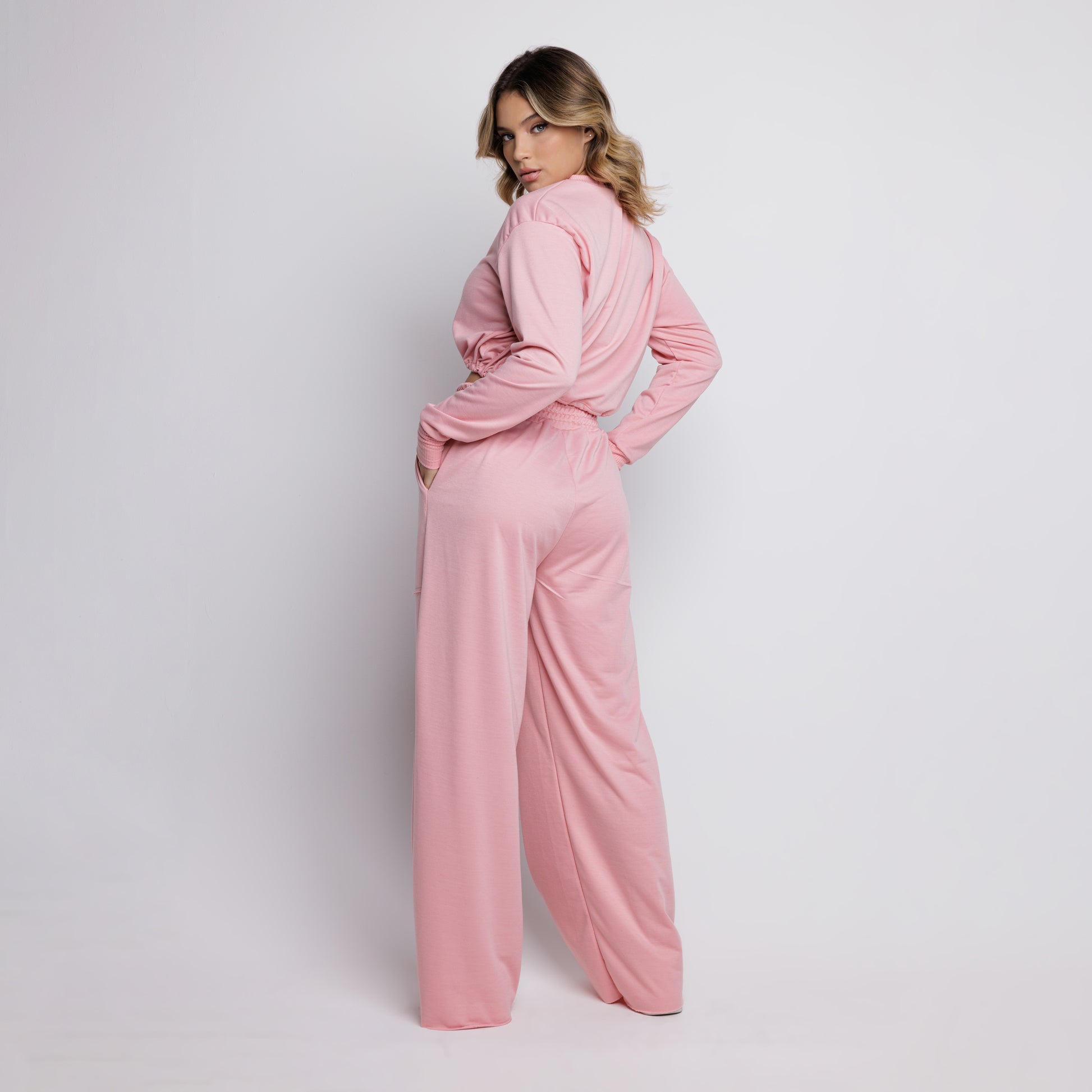 Calça Wide Leg Pantalona Cintura Alta Bolso Moletinho Rosa - VEKYO