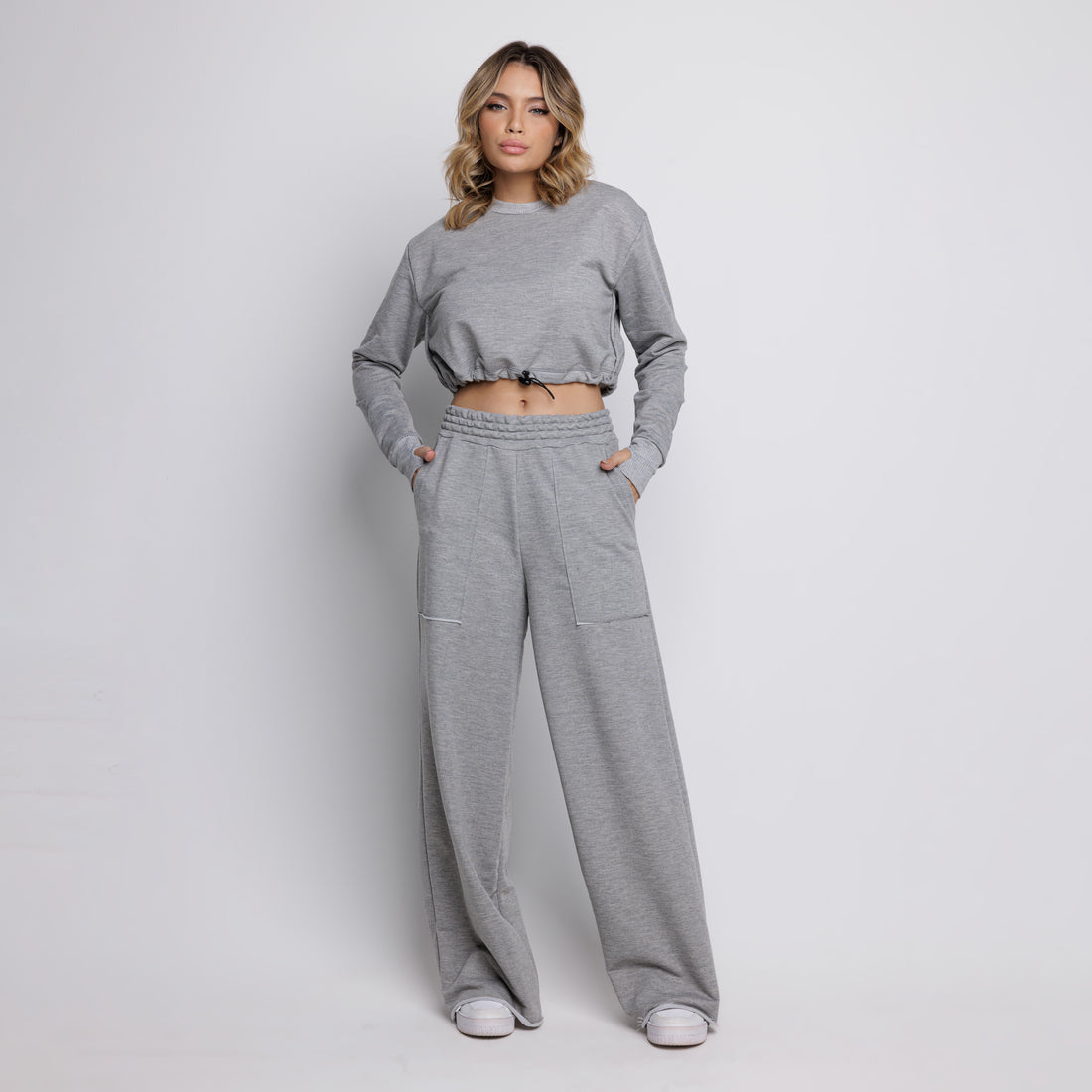 Calça Wide Leg Pantalona Cintura Alta Bolso Moletinho Cinza - VEKYO