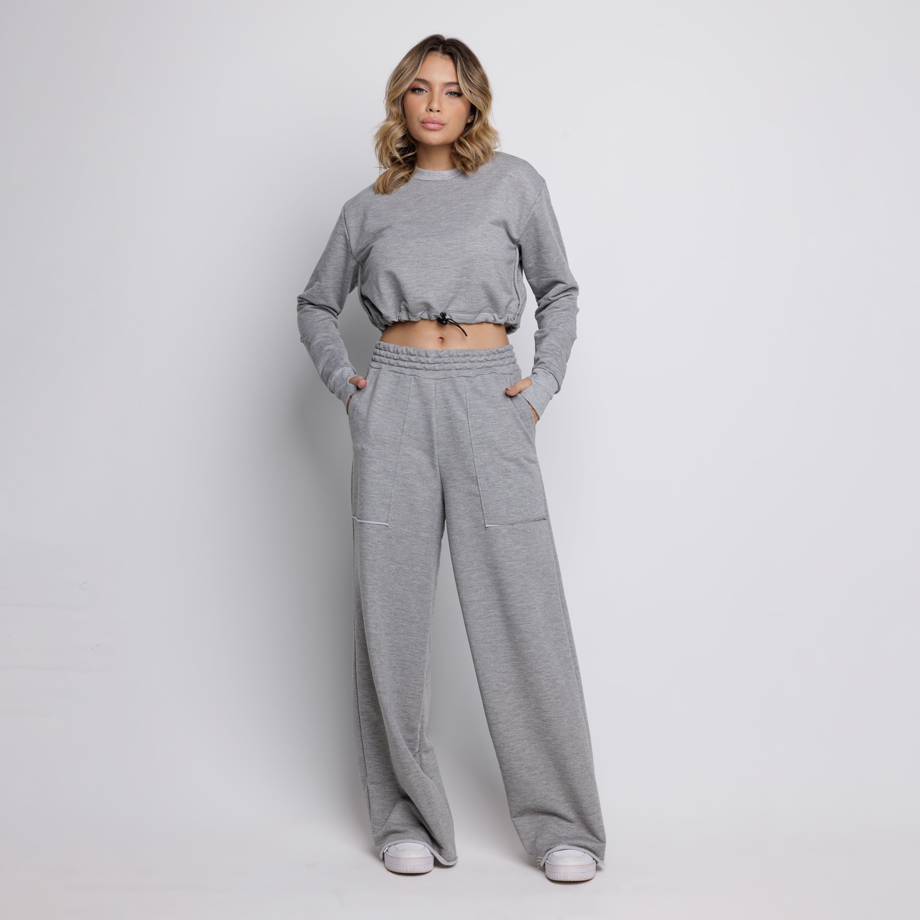 Calça Wide Leg Pantalona Cintura Alta Bolso Moletinho Cinza - VEKYO