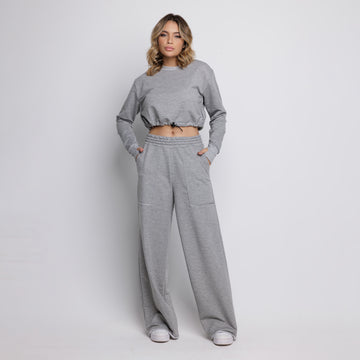 Calça Wide Leg Pantalona Cintura Alta Bolso Moletinho Cinza - VEKYO