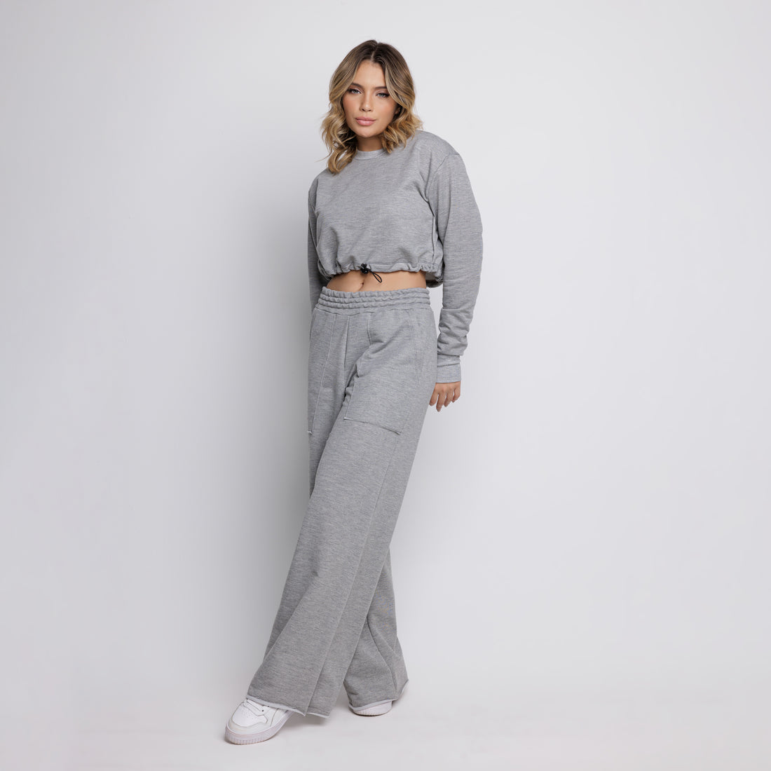 Calça Wide Leg Pantalona Cintura Alta Bolso Moletinho Cinza - VEKYO