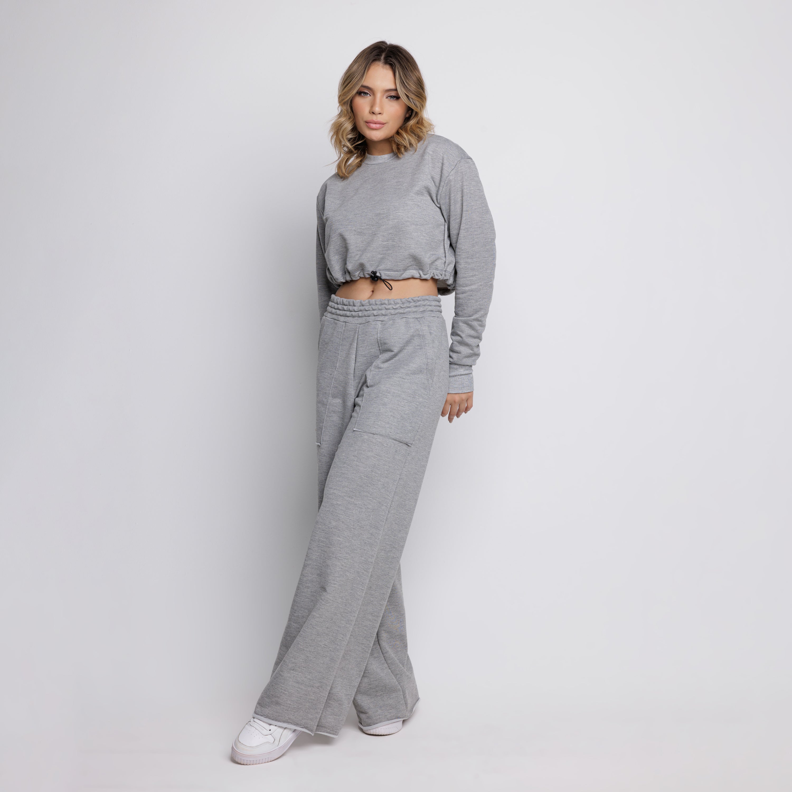 Calça Wide Leg Pantalona Cintura Alta Bolso Moletinho Cinza - VEKYO