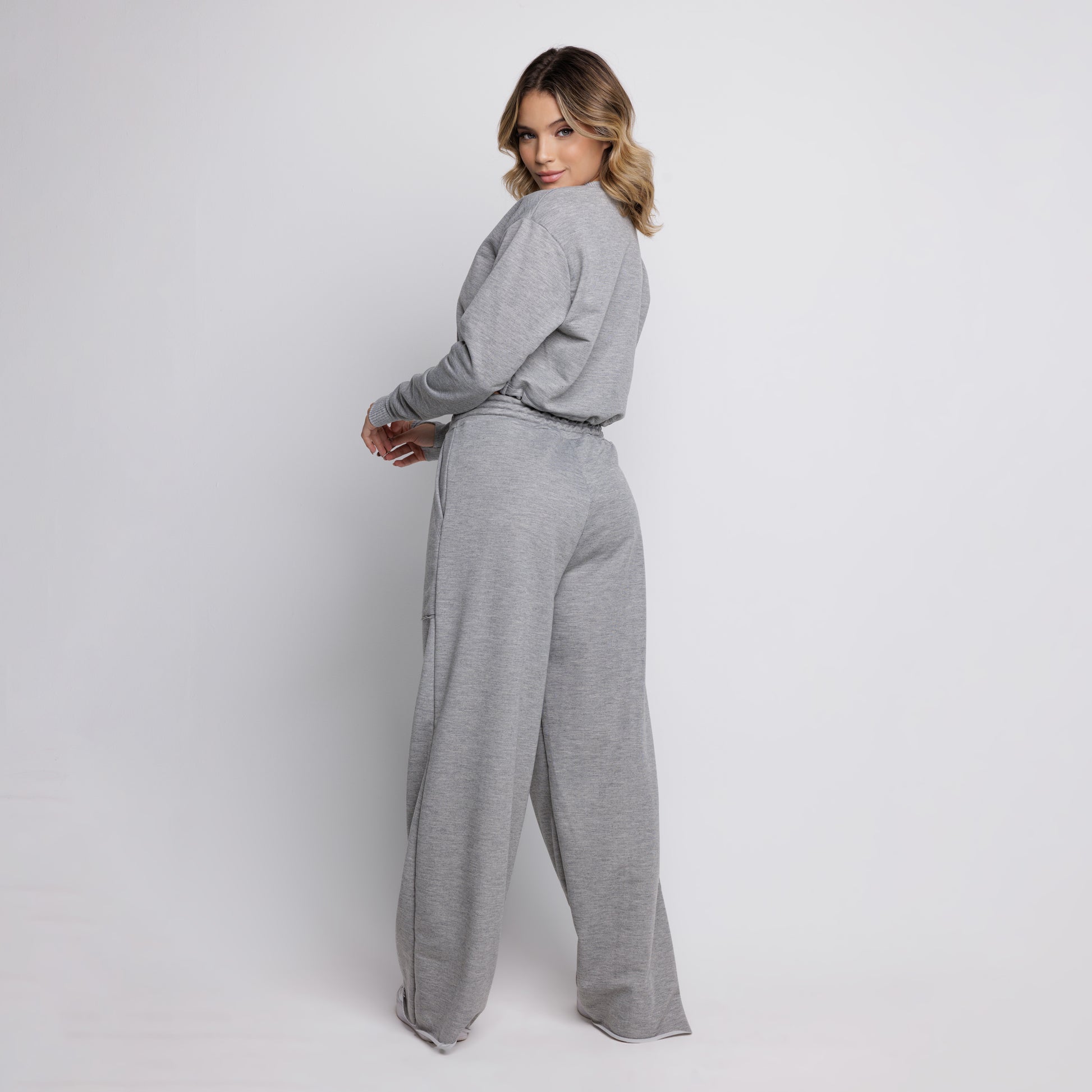Calça Wide Leg Pantalona Cintura Alta Bolso Moletinho Cinza - VEKYO