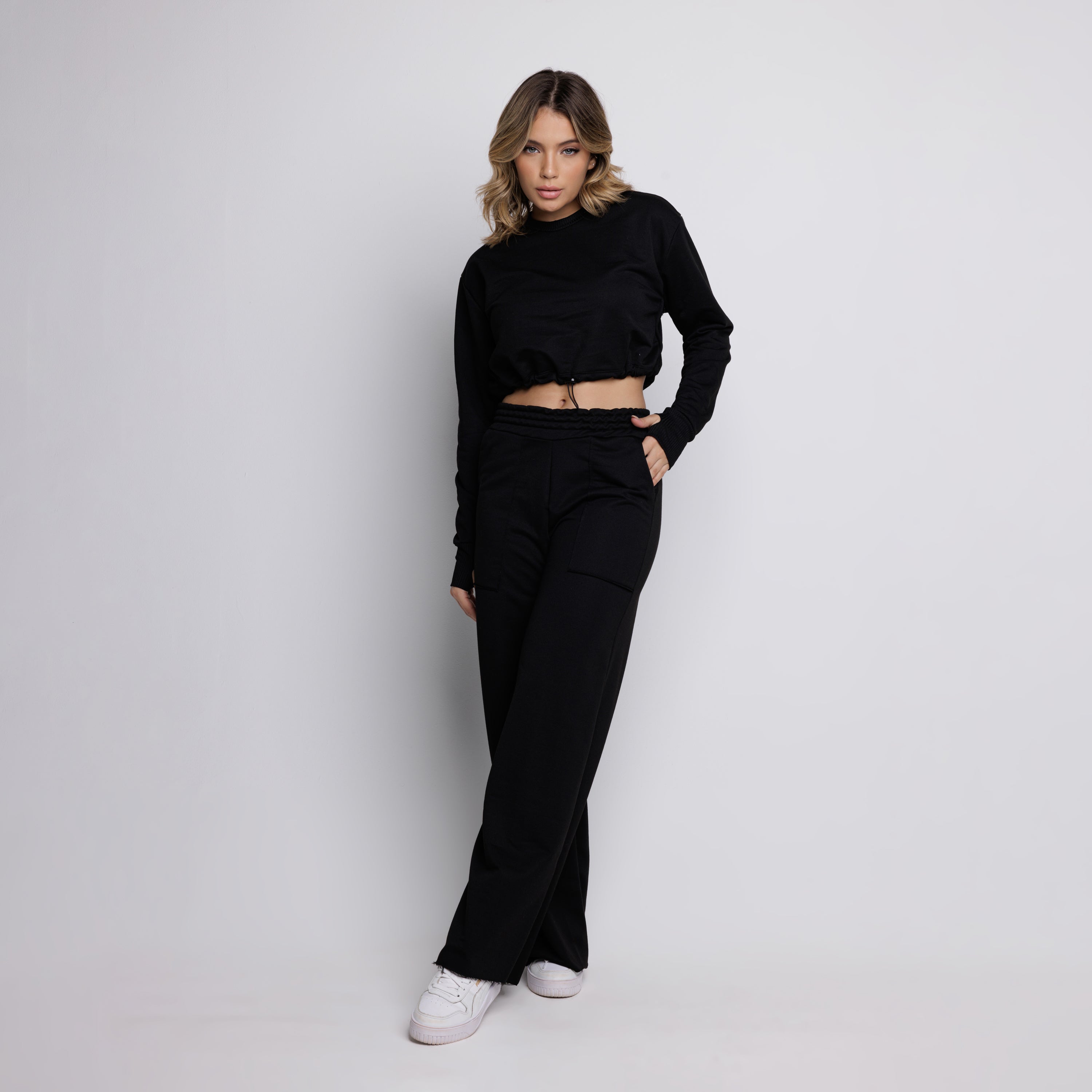 Calça Wide Leg Pantalona Cintura Alta Bolso Moletinho Preto - VEKYO