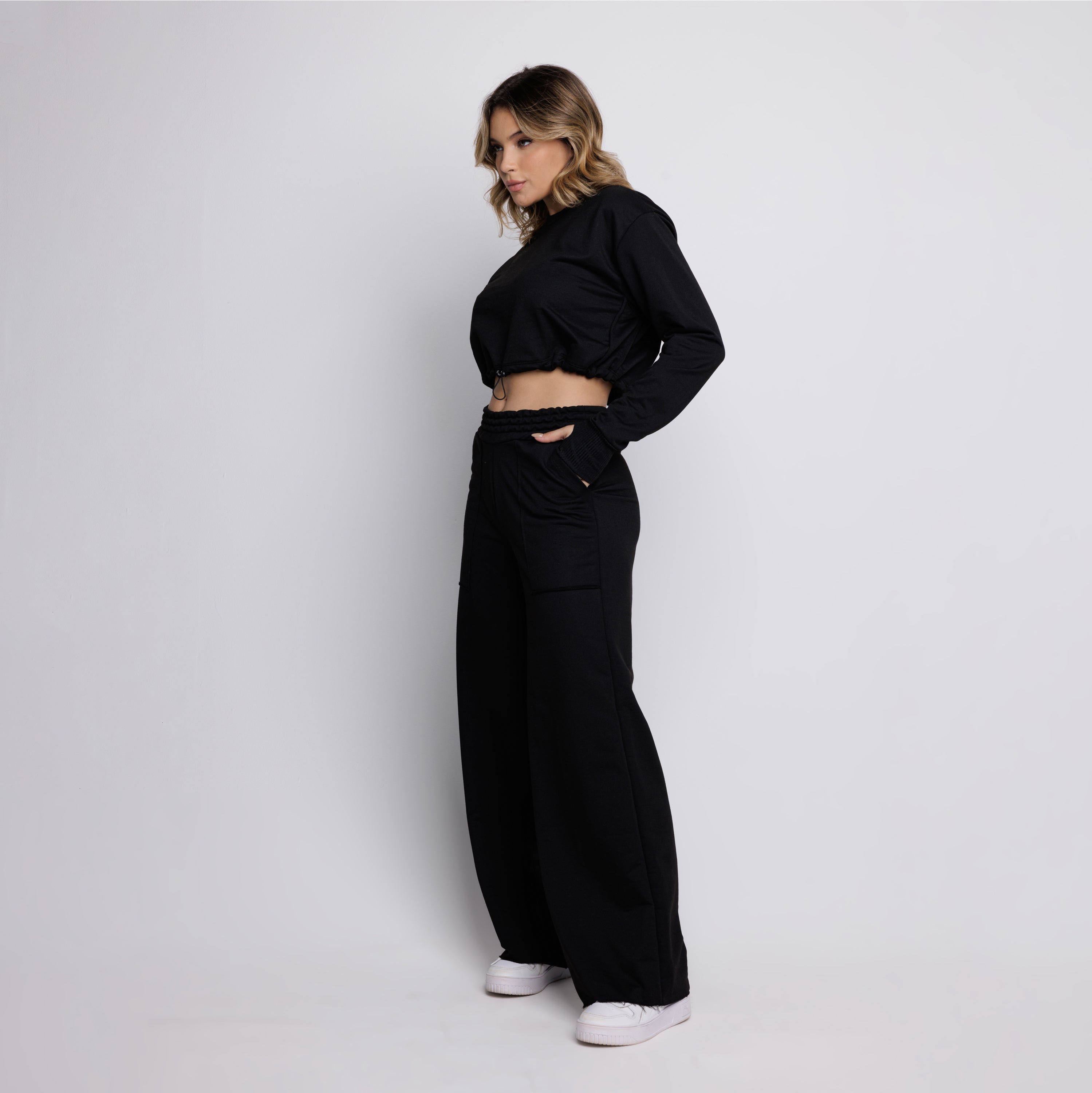 Calça Wide Leg Pantalona Cintura Alta Bolso Moletinho Preto - VEKYO