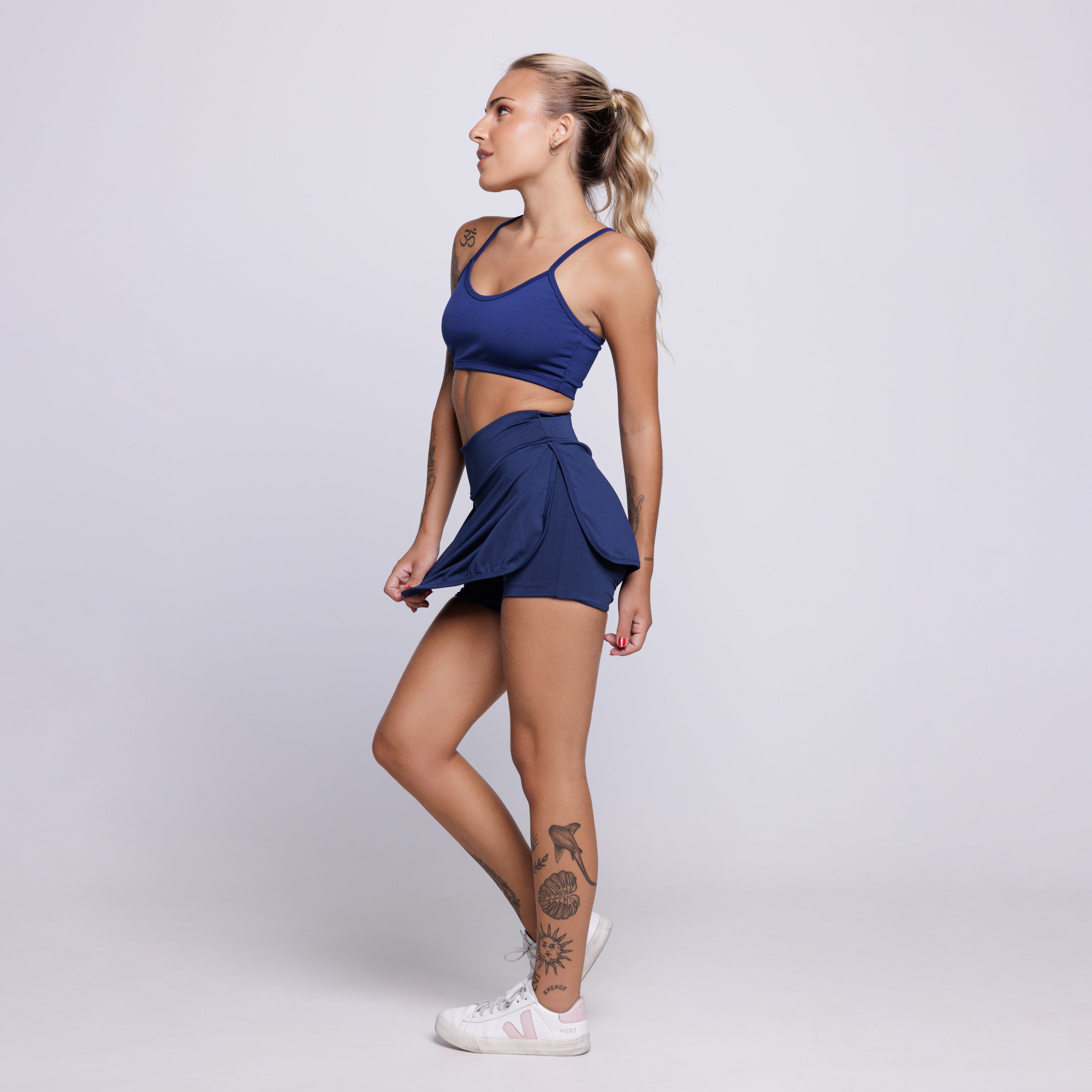 Conjunto Top Alça Fina e Short Saia Suplex Marinho - VEKYO