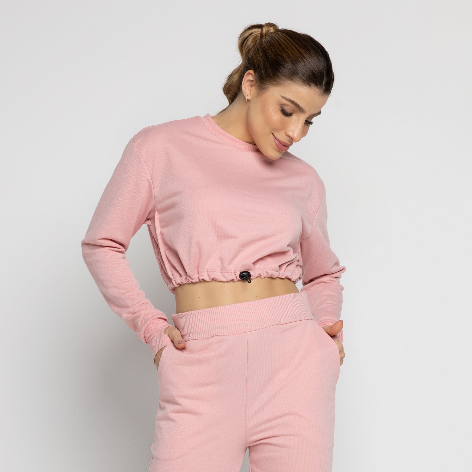Cropped Manga Longa Moletinho Com Regulagem Rosa - VEKYO