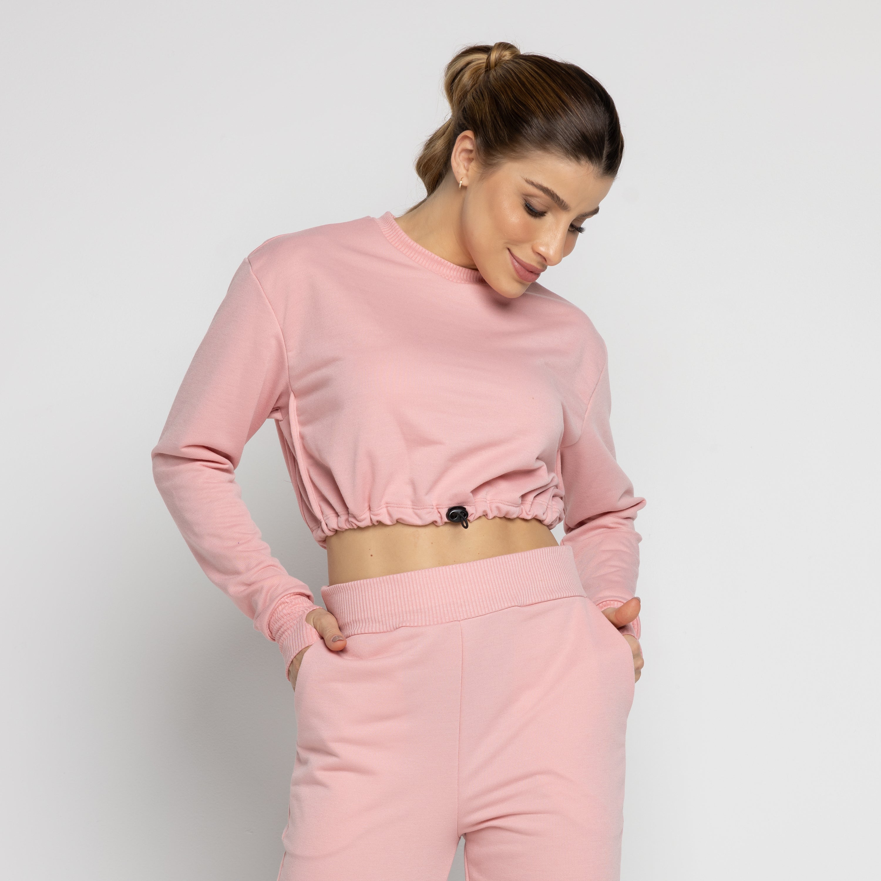 Cropped Manga Longa Moletinho Com Regulagem Rosa - VEKYO