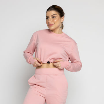 Cropped Manga Longa Moletinho Com Regulagem Rosa - VEKYO