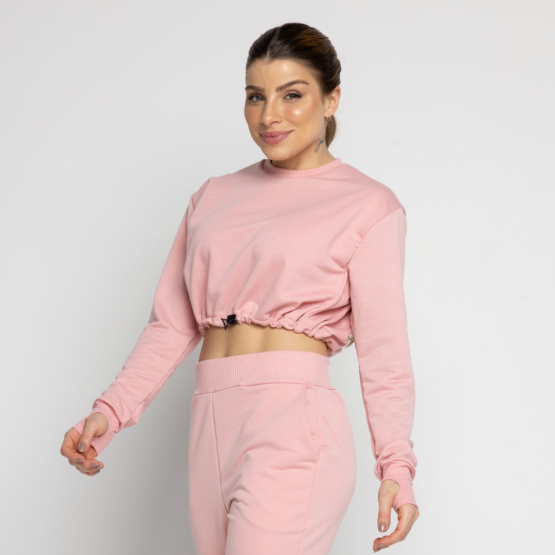 Cropped Manga Longa Moletinho Com Regulagem Rosa - VEKYO