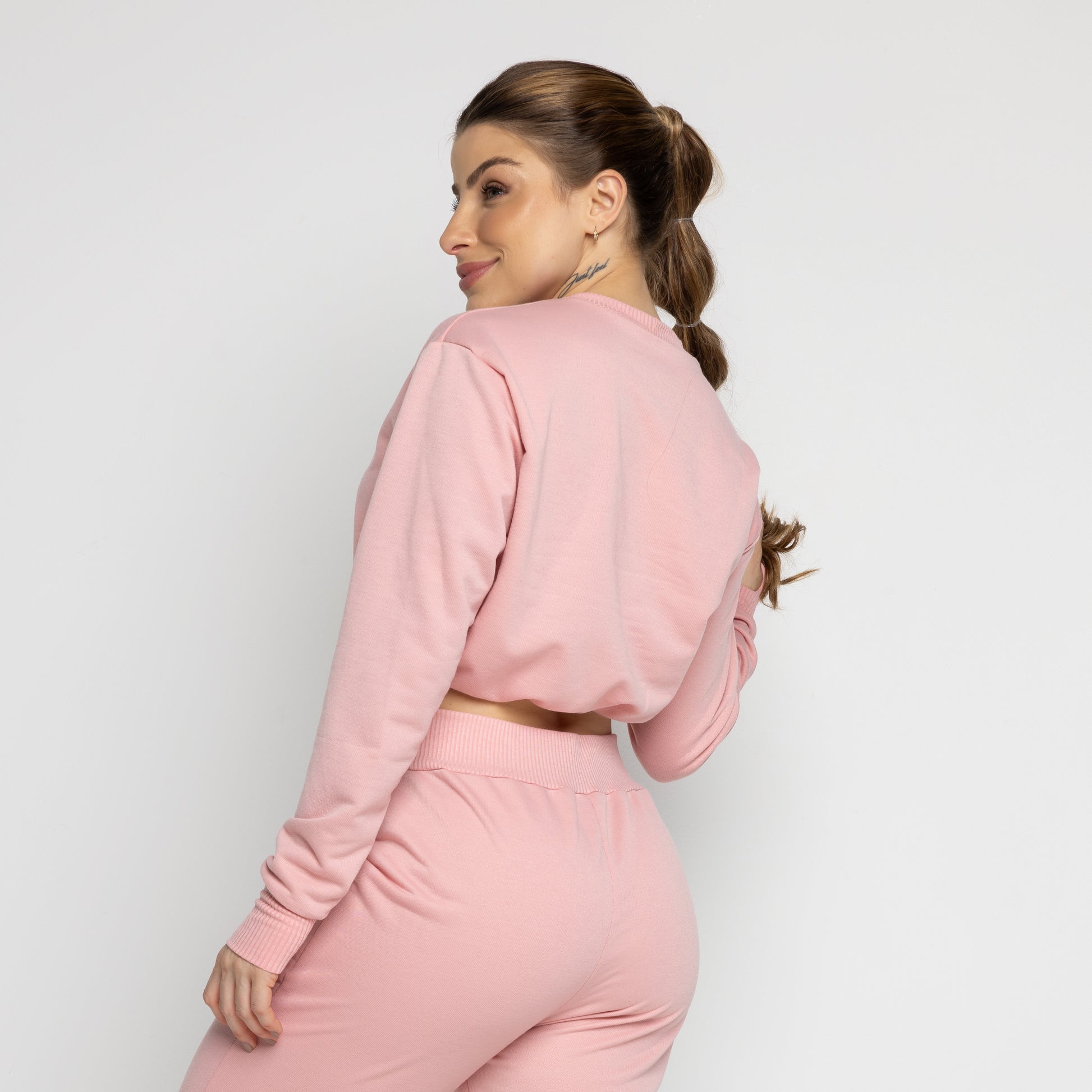 Cropped Manga Longa Moletinho Com Regulagem Rosa - VEKYO