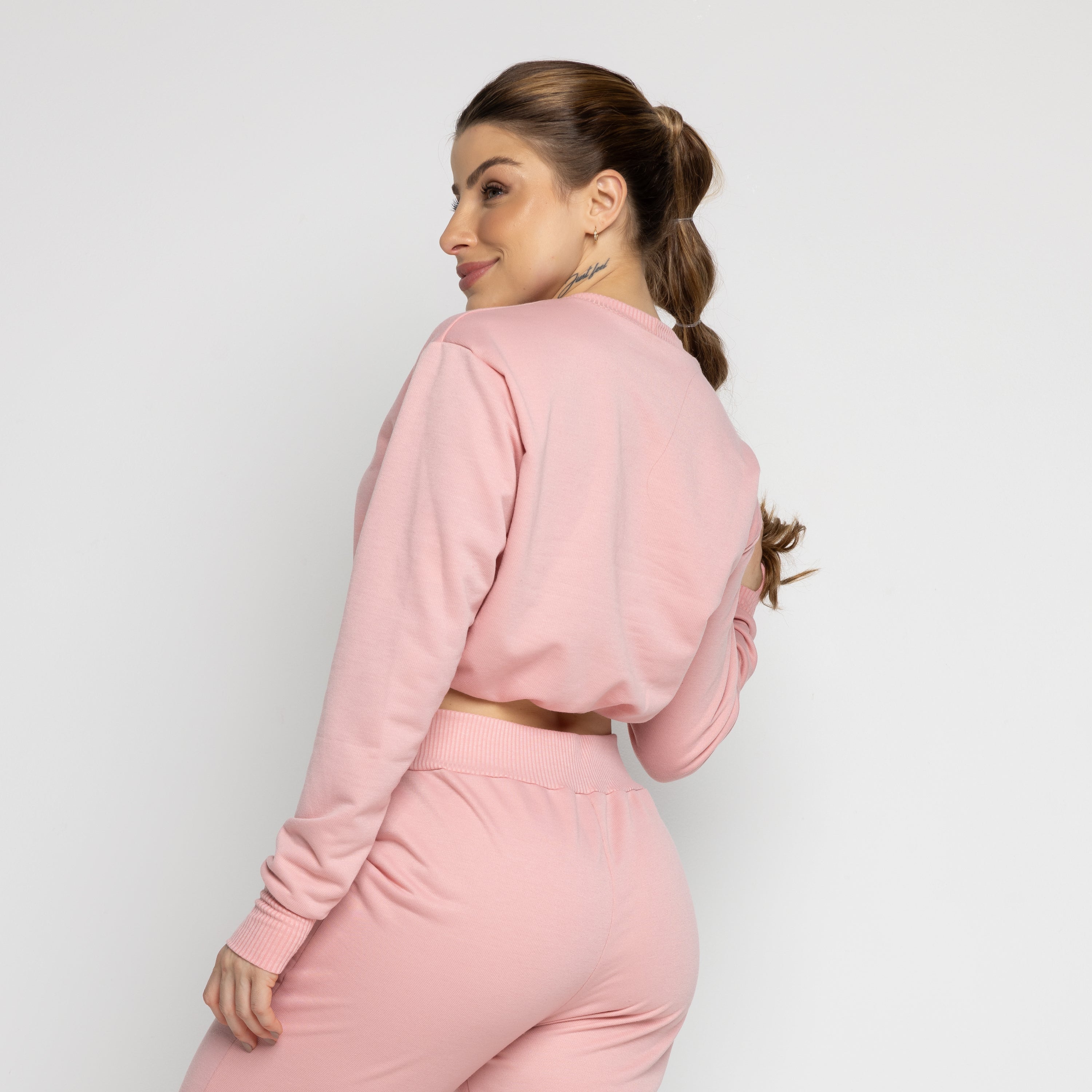 Cropped Manga Longa Moletinho Com Regulagem Rosa - VEKYO