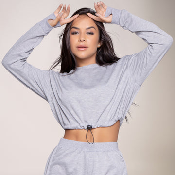 Cropped Manga Longa Moletinho Com Regulagem Cinza - VEKYO