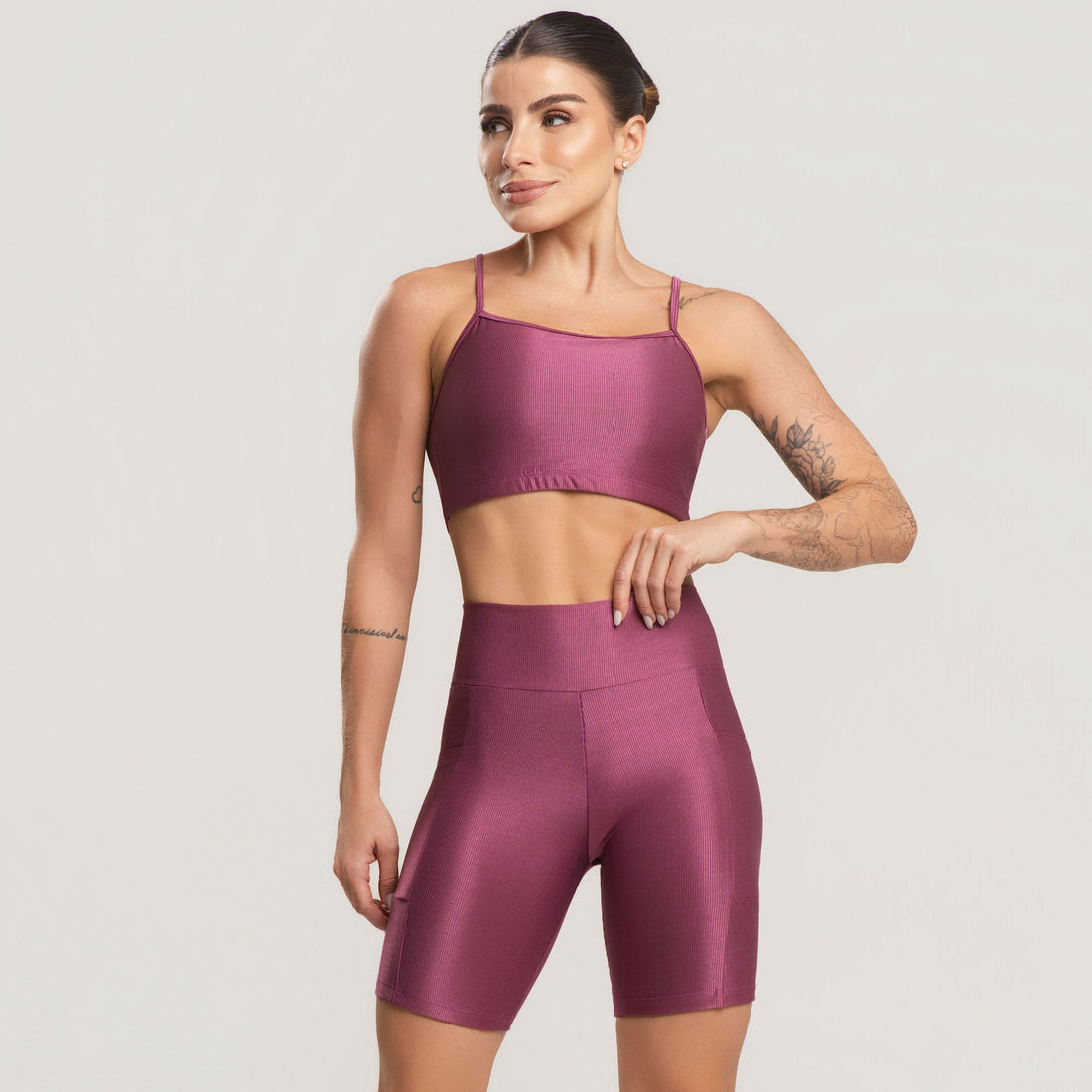 Conjunto Fitness Feminino Top e Bermuda Canelado ACTIVE Roxo - VEKYO