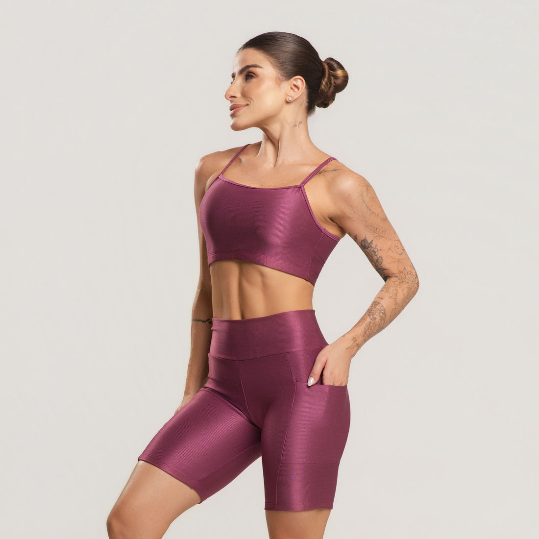 Conjunto Fitness Feminino Top e Bermuda Canelado ACTIVE Roxo - VEKYO
