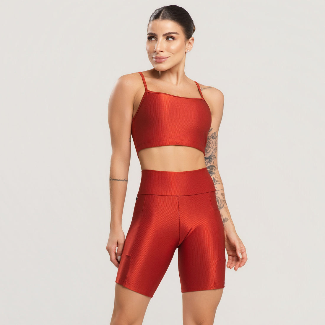 Conjunto Fitness Feminino Top e Bermuda Canelado ACTIVE Terracota - VEKYO