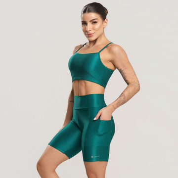 Conjunto Fitness Feminino Top e Bermuda Canelado ACTIVE Verde - VEKYO