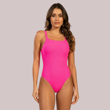 Maiô Cavado Canelado Liso Rosa Neon - VEKYO