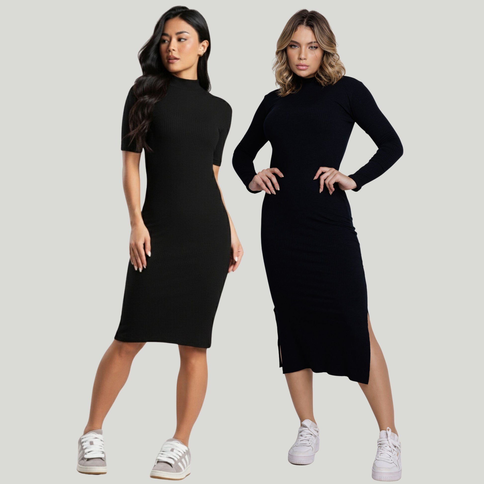 Vestido Midi Canelado Manga Curta e Manga Longa Preto - VEKYO