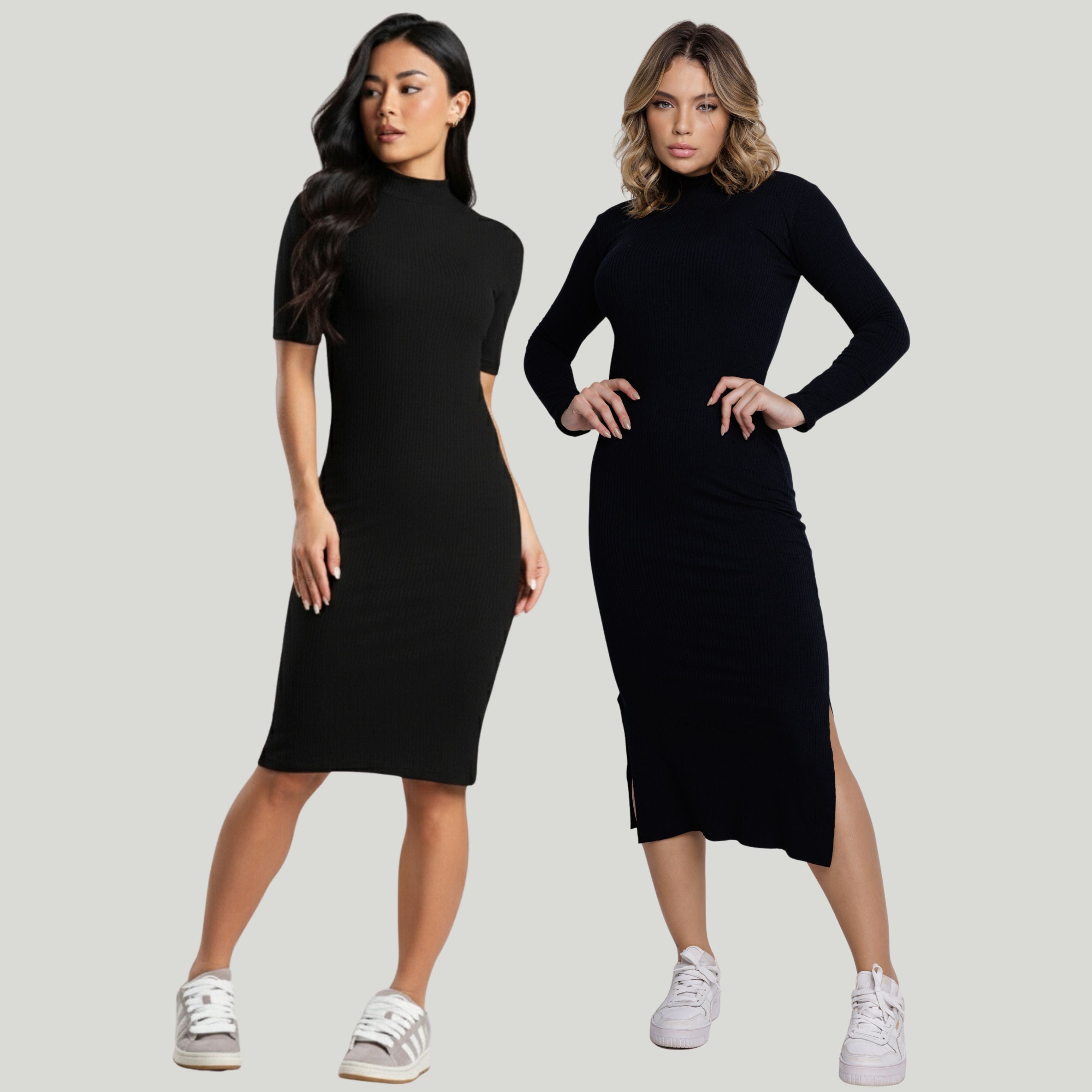 Vestido Midi Canelado Manga Curta e Manga Longa Preto - VEKYO