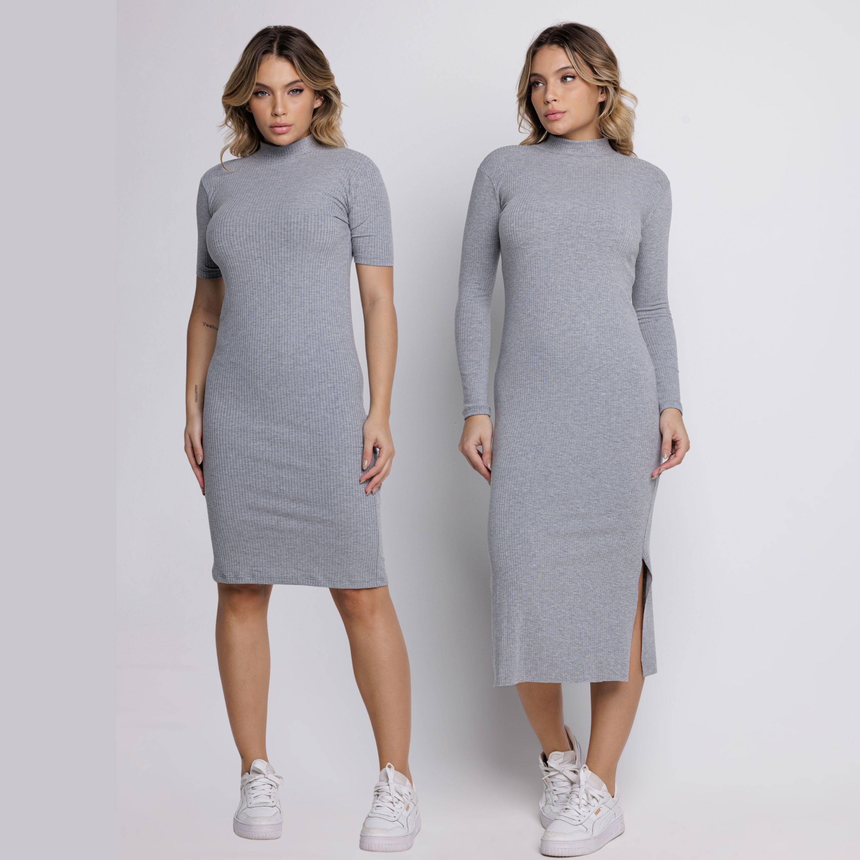 Vestido Midi Canelado Manga Curta e Manga Longa Cinza - VEKYO