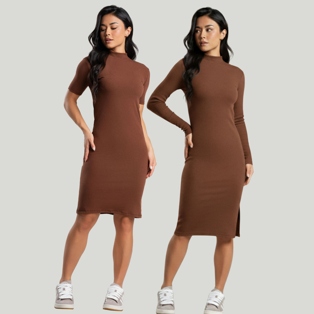 Vestido Midi Canelado Manga Curta e Manga Longa Cinza Marrom - VEKYO