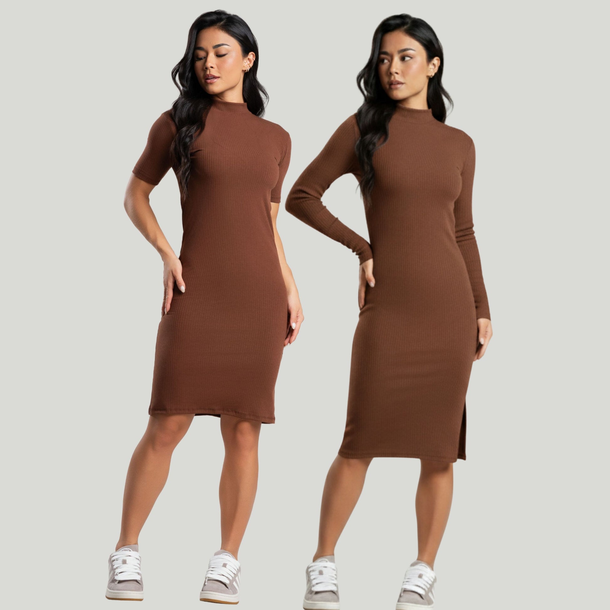 Vestido Midi Canelado Manga Curta e Manga Longa Cinza Marrom - VEKYO