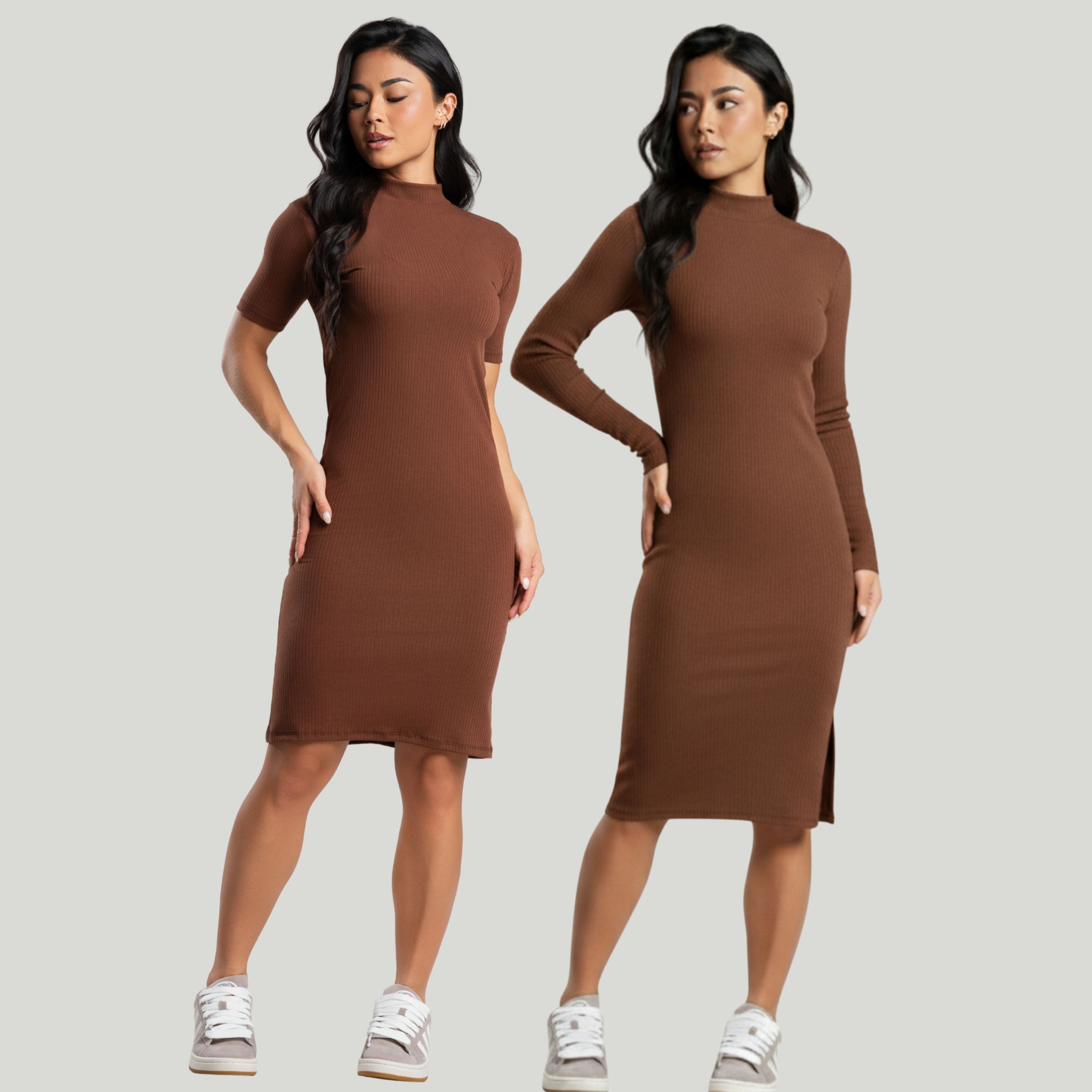 Vestido Midi Canelado Manga Curta e Manga Longa Cinza Marrom - VEKYO