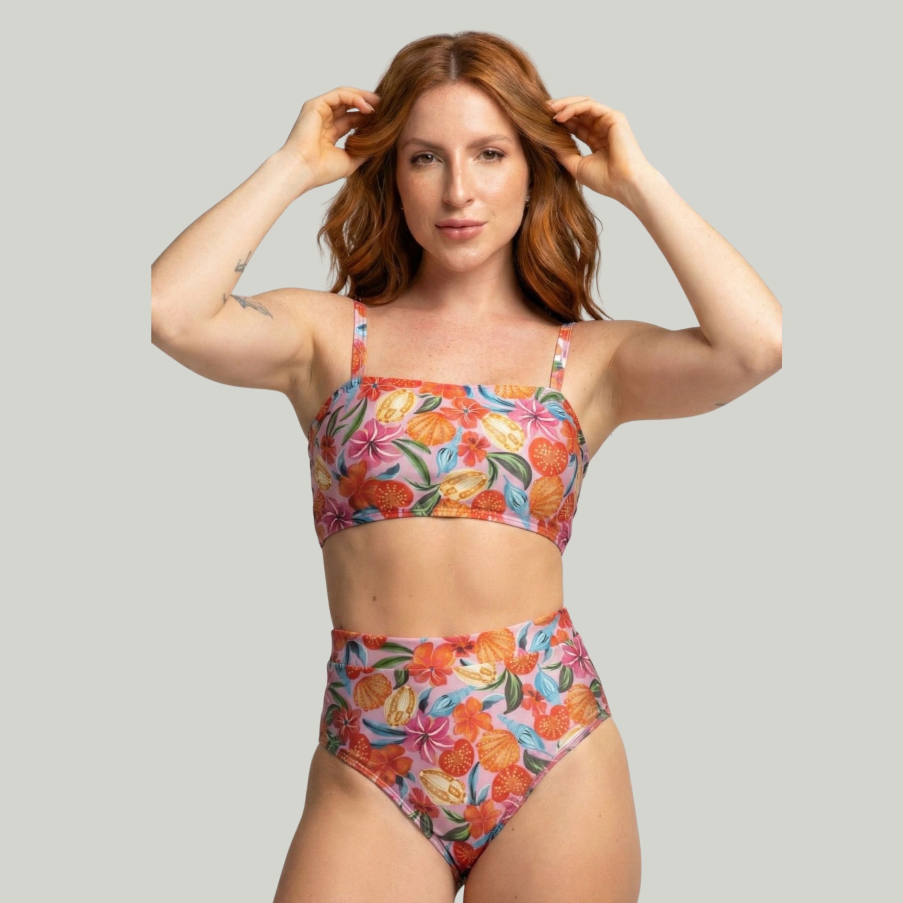 Biquíni Top Faixa Estampado Cintura Alta Rosa Floral - VEKYO