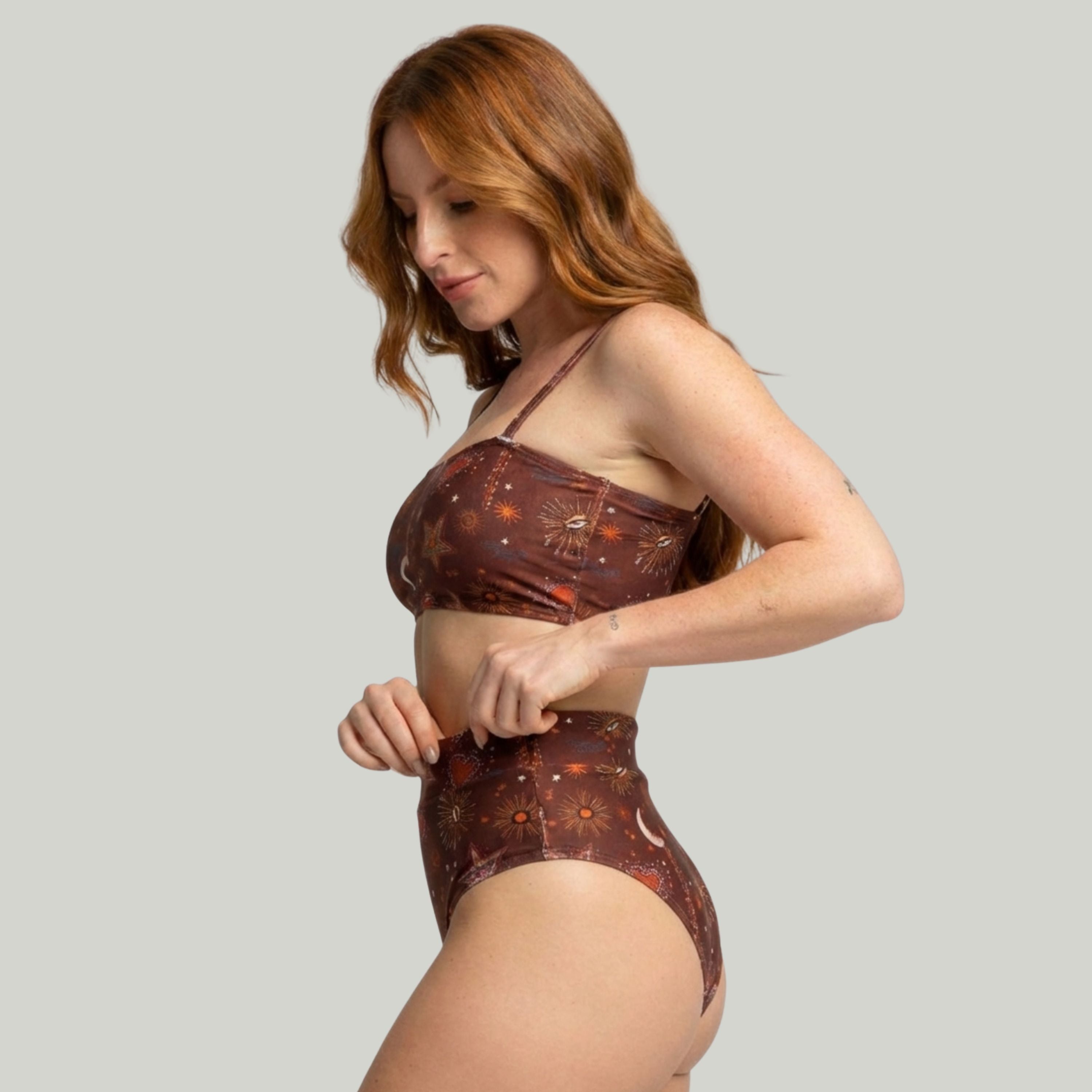 Biquíni Top Faixa Estampado Cintura Alta Marrom - VEKYO