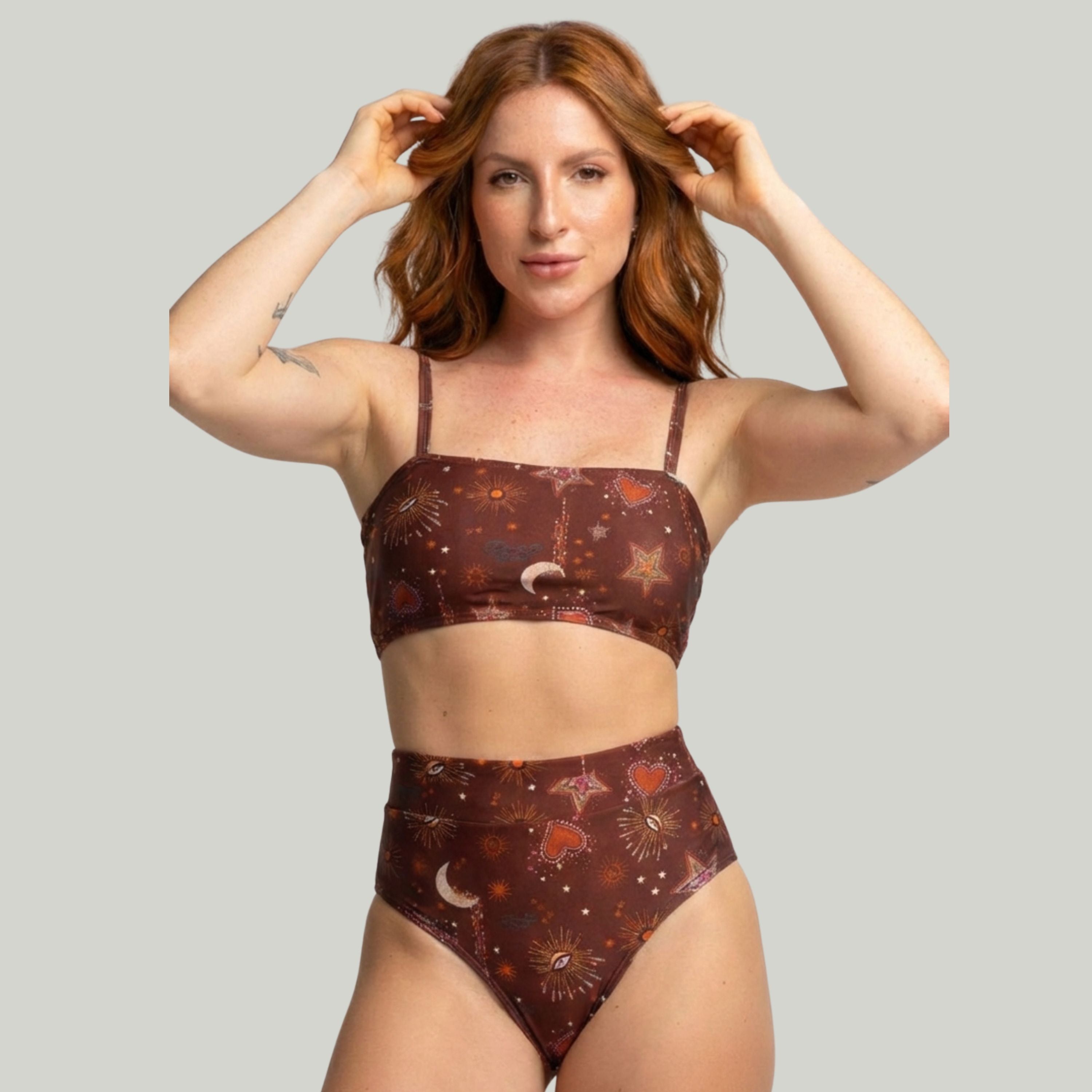 Biquíni Top Faixa Estampado Cintura Alta Marrom - VEKYO