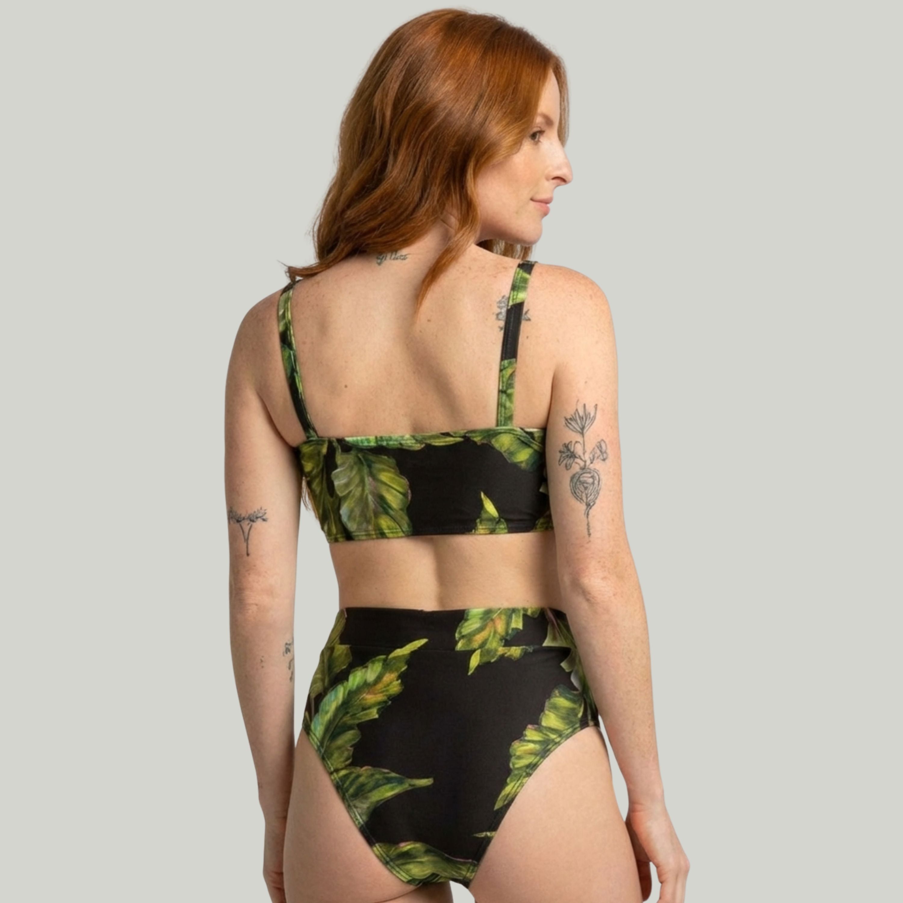 Biquíni Top Faixa Estampado Cintura Alta Preto e Verde - VEKYO