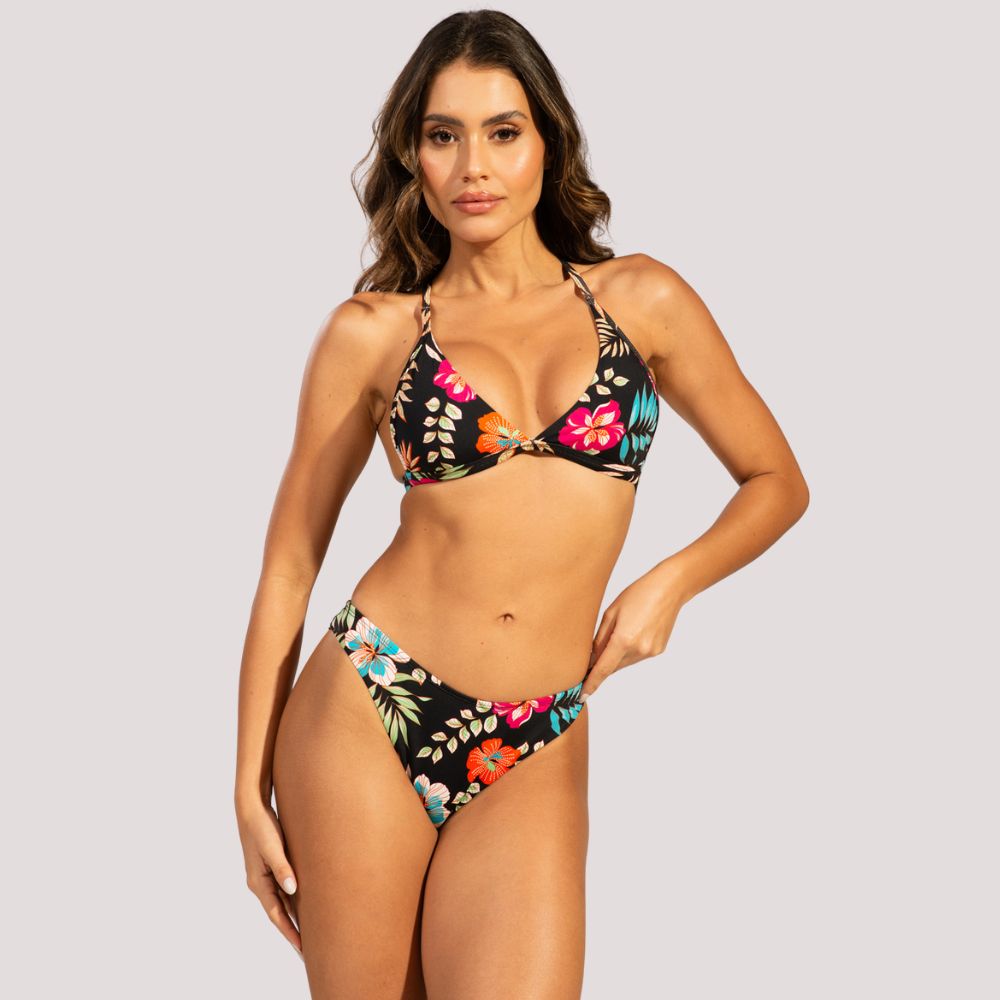 Biquíni Asa Delta Estampado Preto Floral