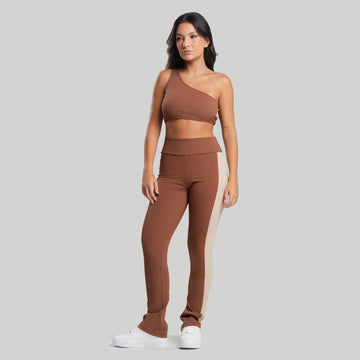 Conjunto Top Ombro Só e Calça Flare Bicolor Canelada Marrom - VEKYO