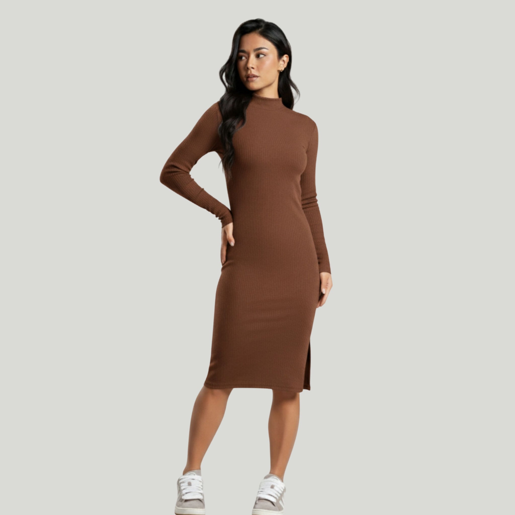 Vestido Midi Canelado Gola Alta Manga Longa Marrom - VEKYO