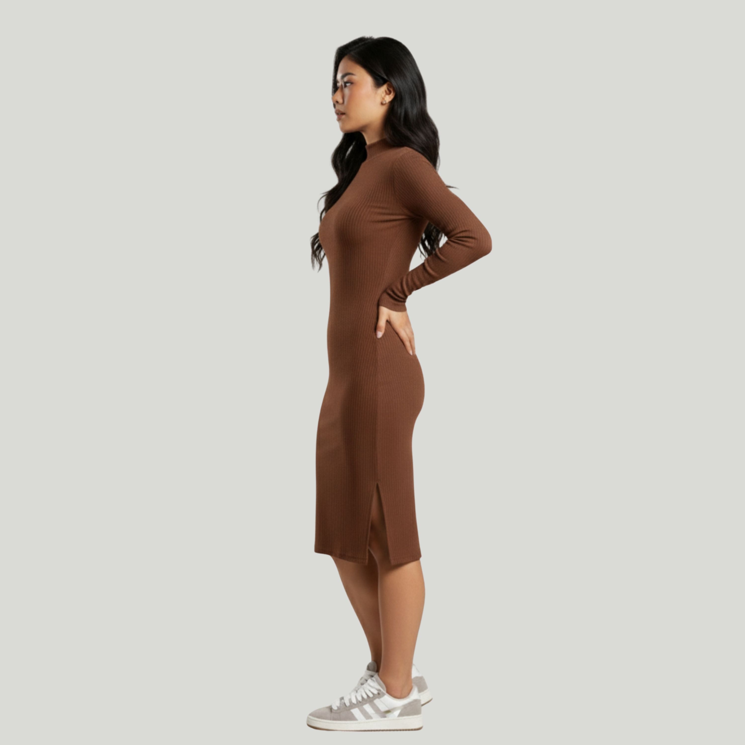 Vestido Midi Canelado Gola Alta Manga Longa Marrom - VEKYO