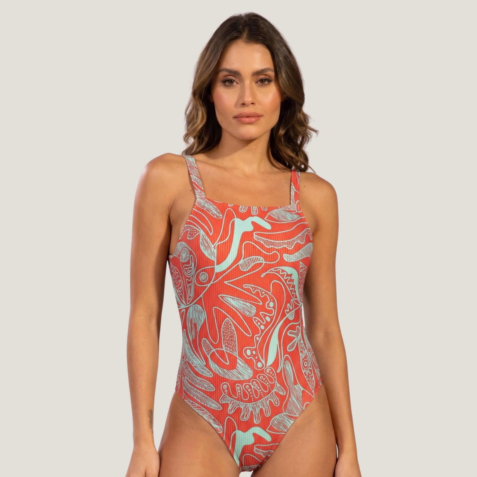 Maiô Cavado Canelado Estampado Coral - VEKYO
